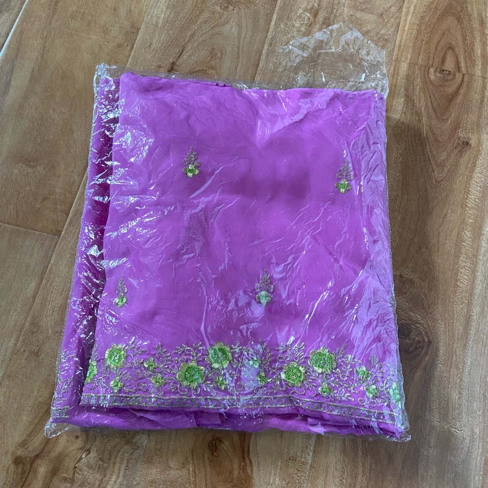 Vibrant Magenta Embroidered Indian Unstitched Suit Lime Green Floral Accents